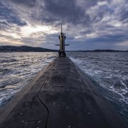 In the Mediterranean Sea, the nuclear submarine "Saphir" surfaces during training exercises in 2009 off Toulon, France. 